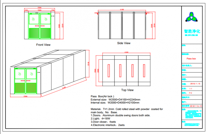 Caja de paso grande de la ducha de aire para la unidad de la salida/paso del sitio limpio a través de la ventana 0